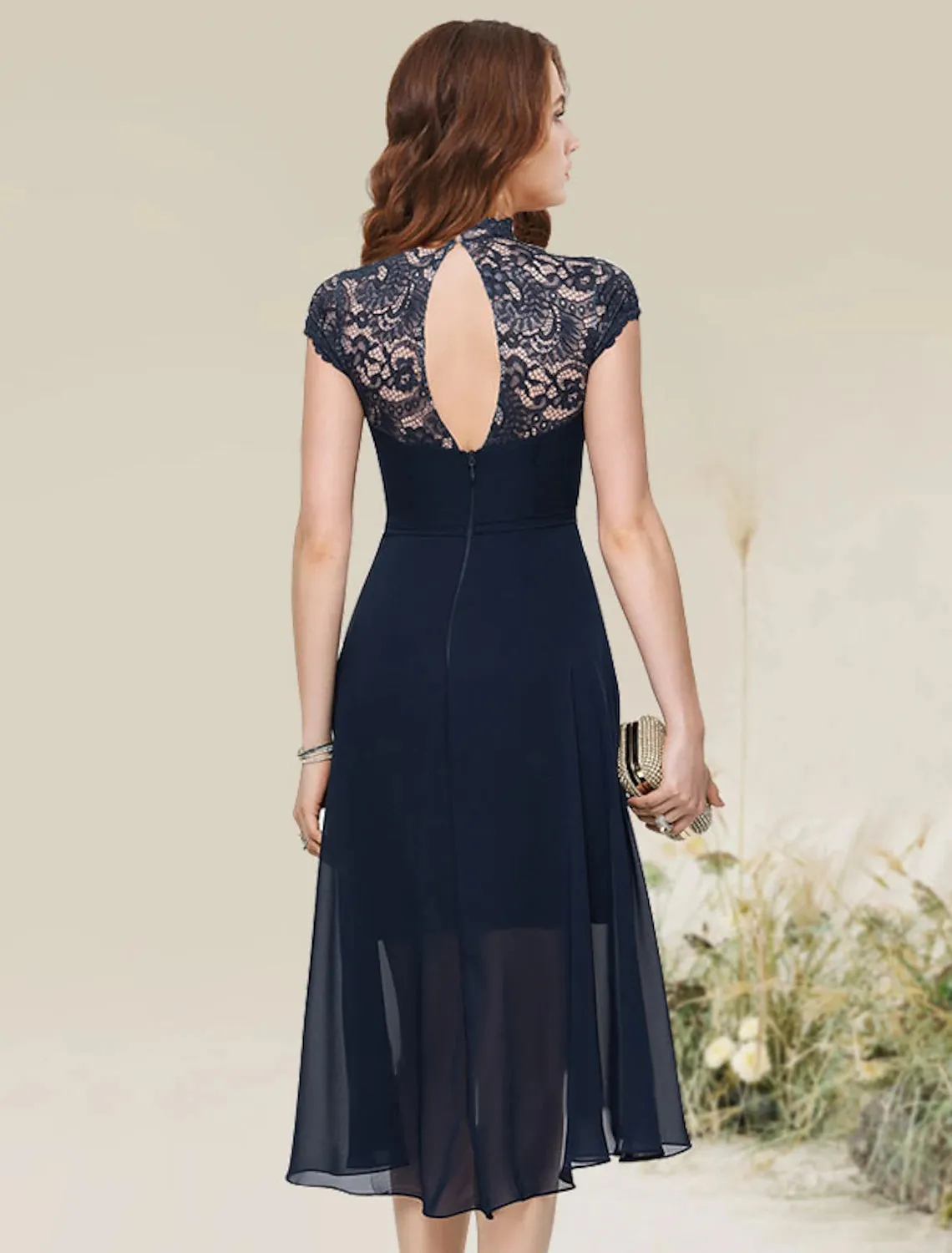 Aimishang  A-Line Cocktail Dresses Flirty Dress Homecoming Wedding Guest Asymmetrical Sleeveless Jewel Neck Chiffon with Lace Insert