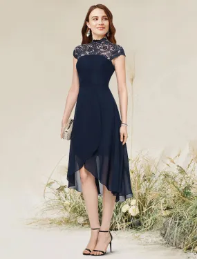 Aimishang  A-Line Cocktail Dresses Flirty Dress Homecoming Wedding Guest Asymmetrical Sleeveless Jewel Neck Chiffon with Lace Insert