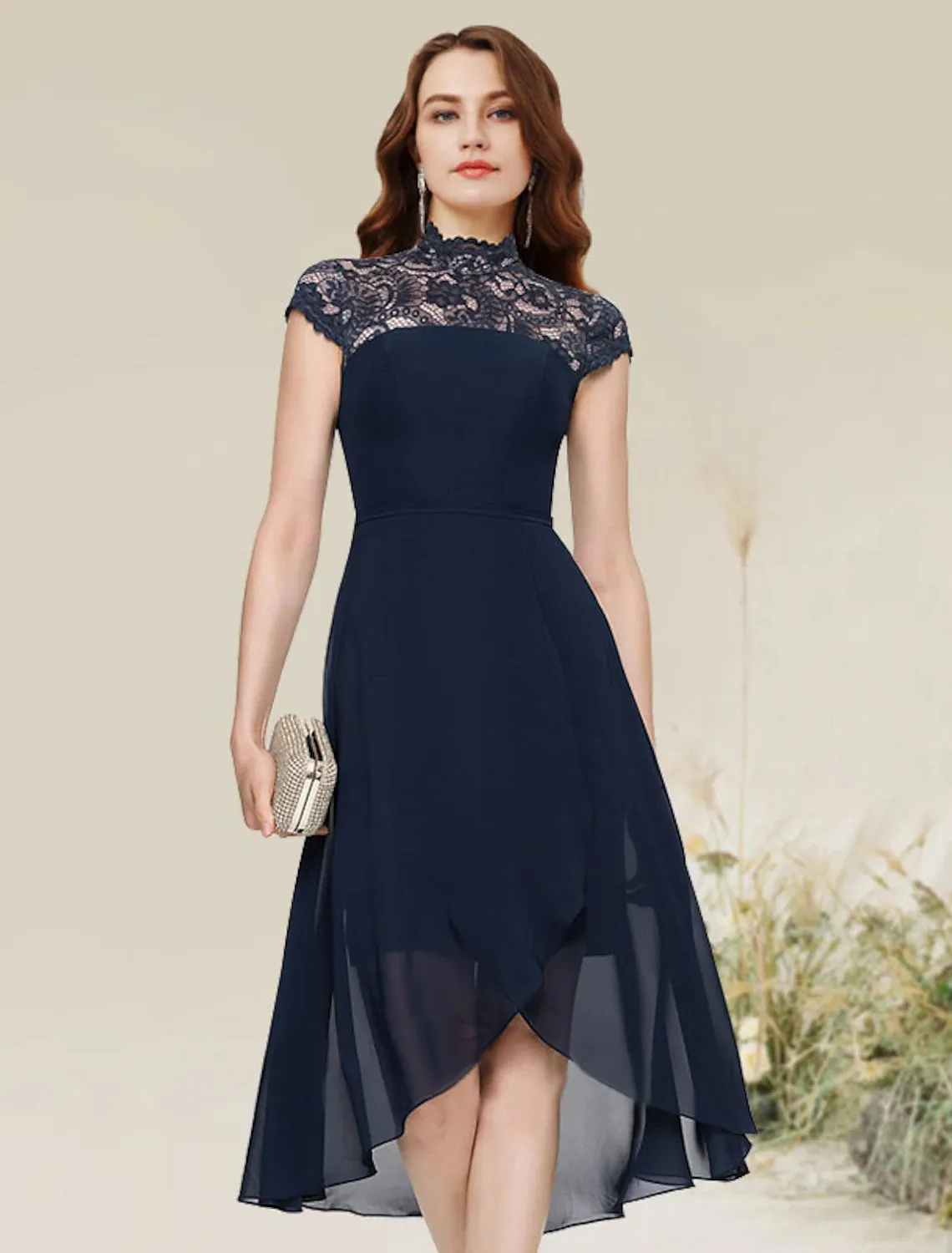 Aimishang  A-Line Cocktail Dresses Flirty Dress Homecoming Wedding Guest Asymmetrical Sleeveless Jewel Neck Chiffon with Lace Insert