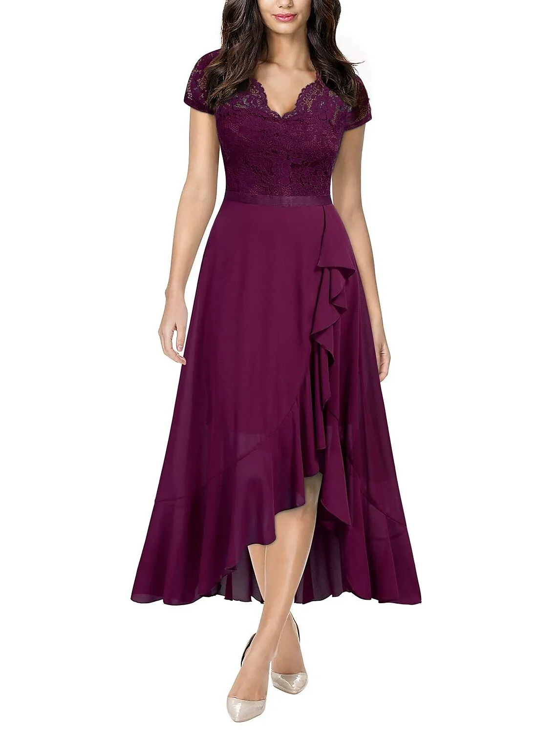 Aimishang  A-Line Cocktail Dresses Little Black Dress Dress Wedding Guest Asymmetrical Short Sleeve One Shoulder Chiffon with Pleats Lace Insert