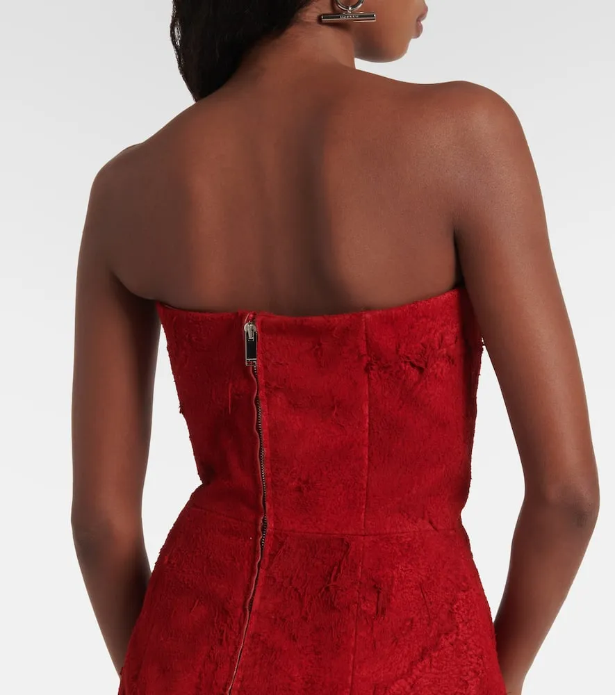 Alexander McQueen Distressed strapless suede midi dress