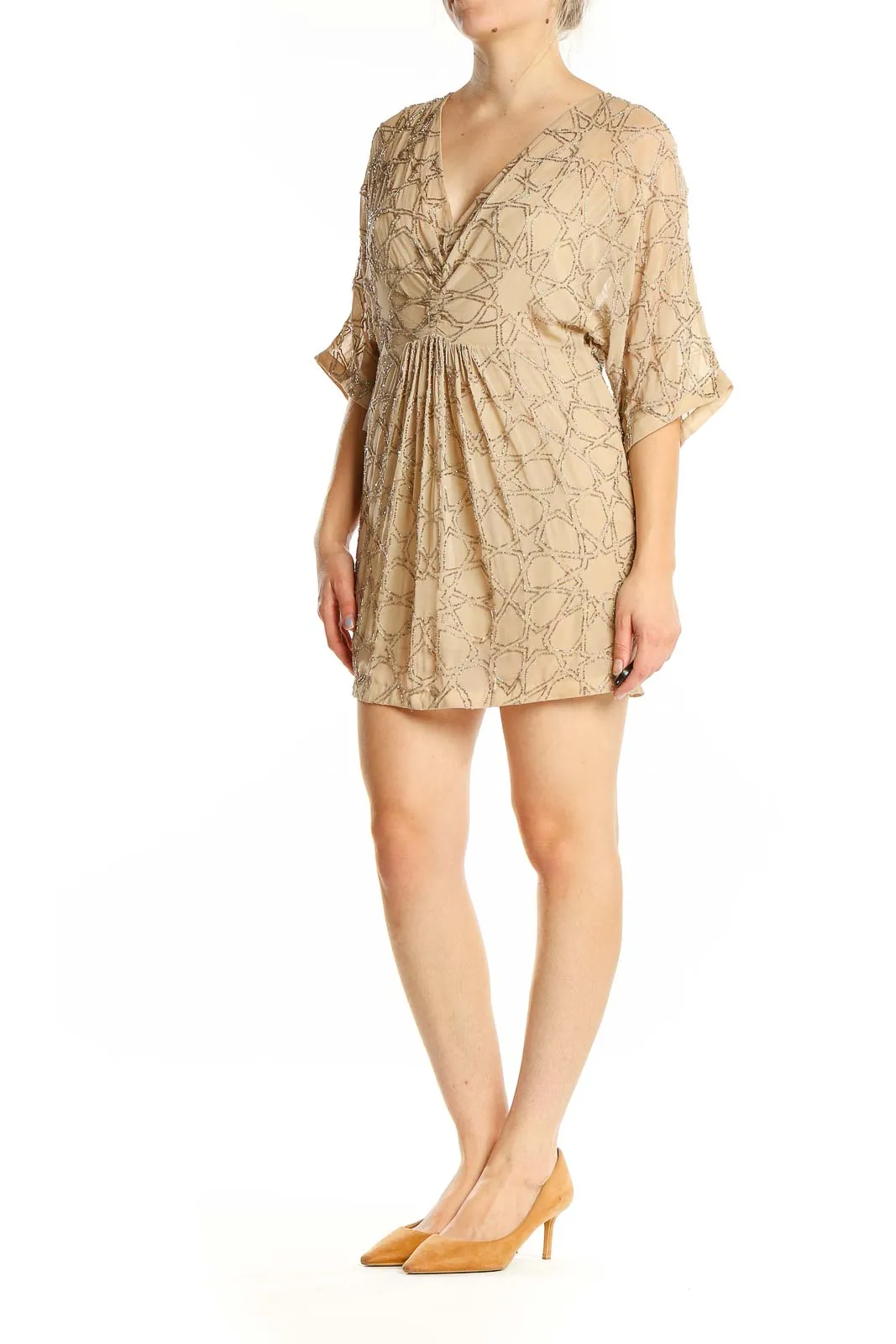 Beige Geometric Embroidered Mini Dress