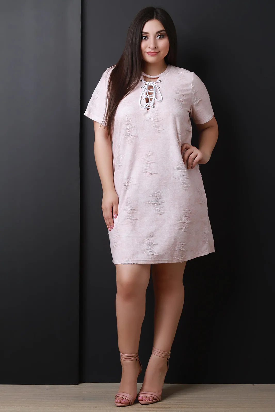 Distressed Lace-Up Short Sleeves Shift Dress