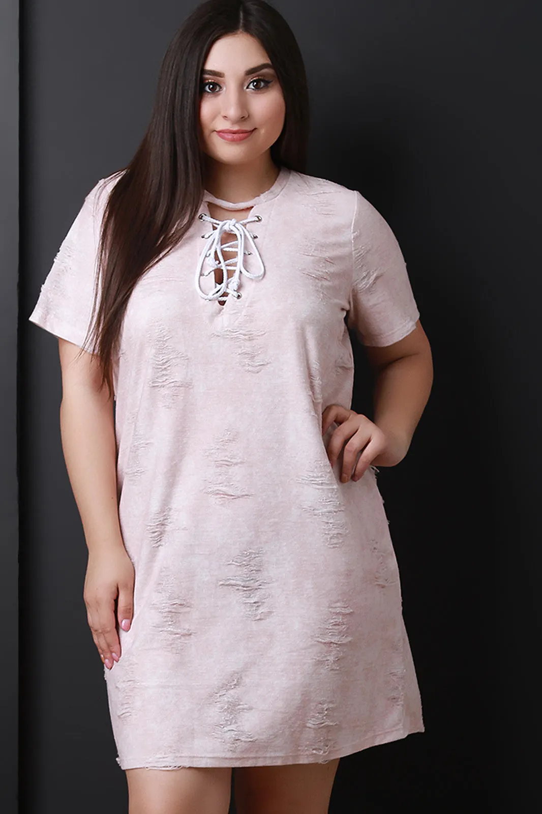 Distressed Lace-Up Short Sleeves Shift Dress