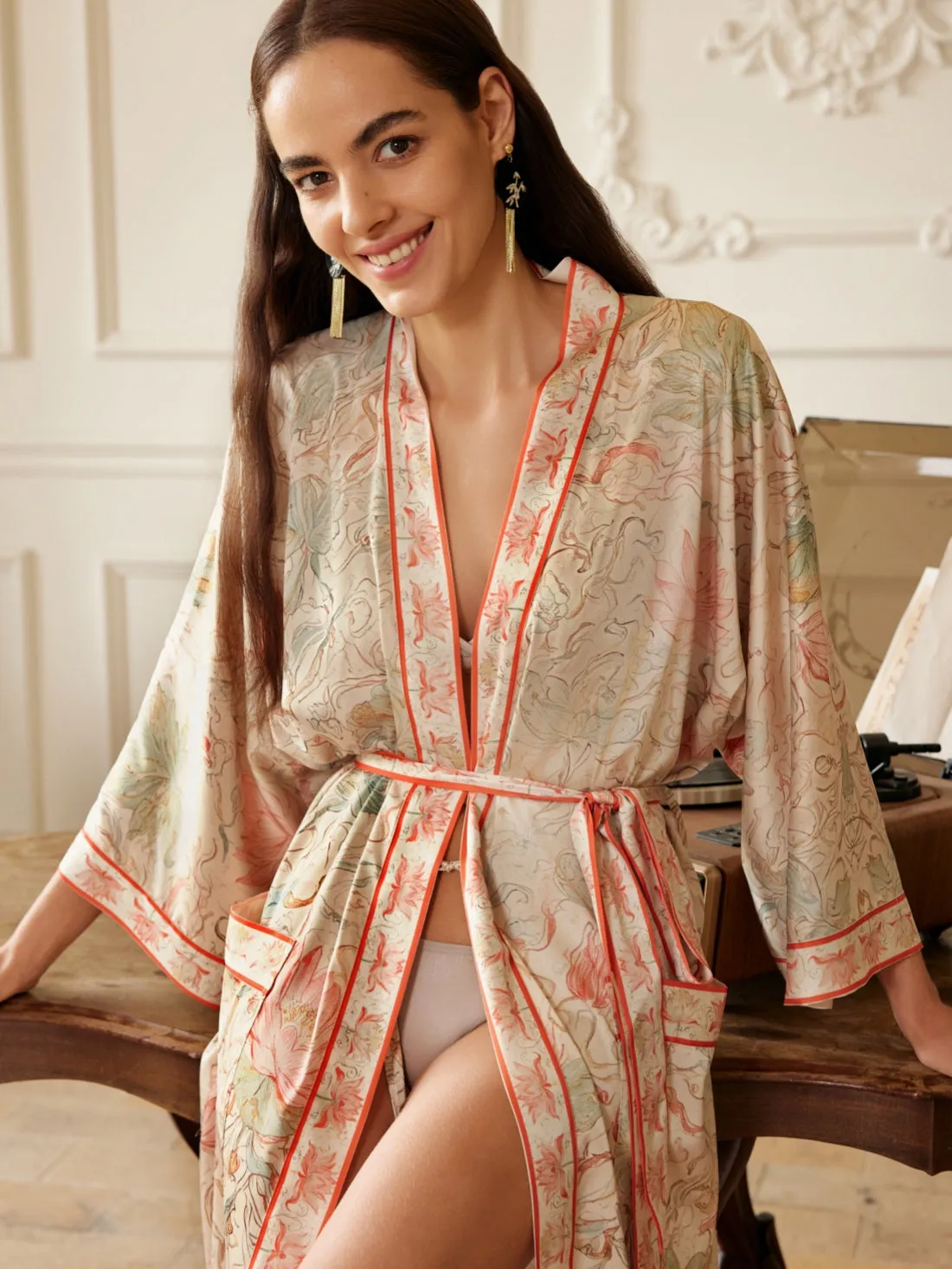 Dunhuang Celestial Herb Long Kimono Robe with Pocket