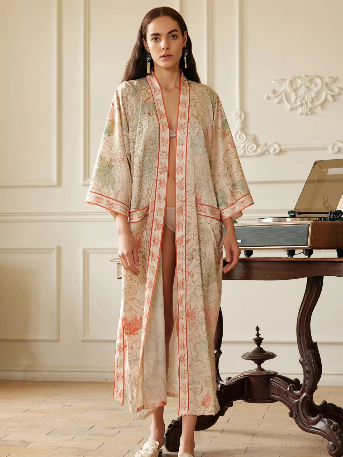 Dunhuang Celestial Herb Long Kimono Robe with Pocket