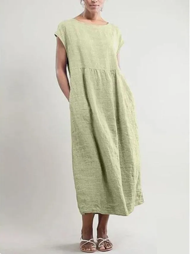 Dunnmall Women Crew Neck Shift Daily Cotton Pockets Dresses