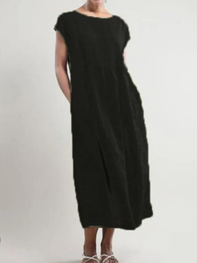 Dunnmall Women Crew Neck Shift Daily Cotton Pockets Dresses