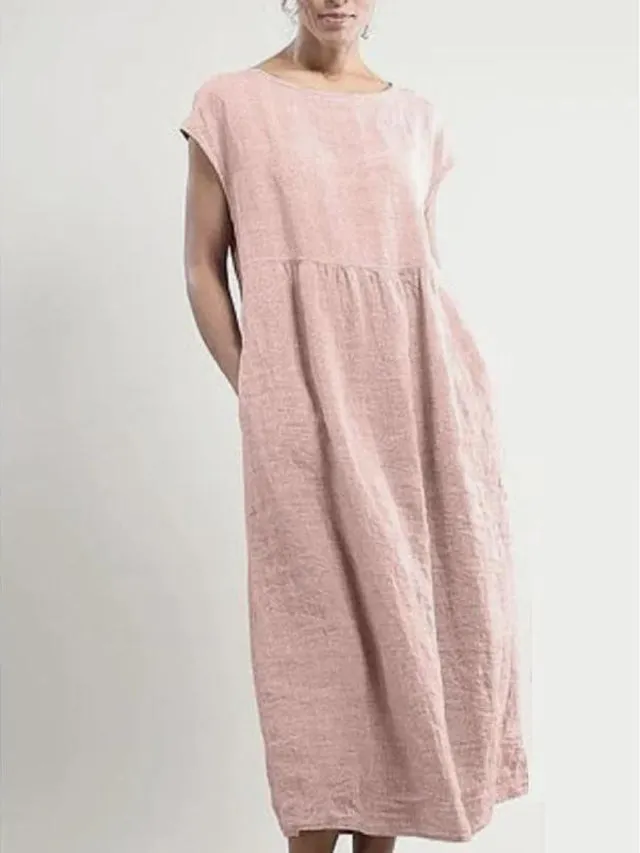 Dunnmall Women Crew Neck Shift Daily Cotton Pockets Dresses