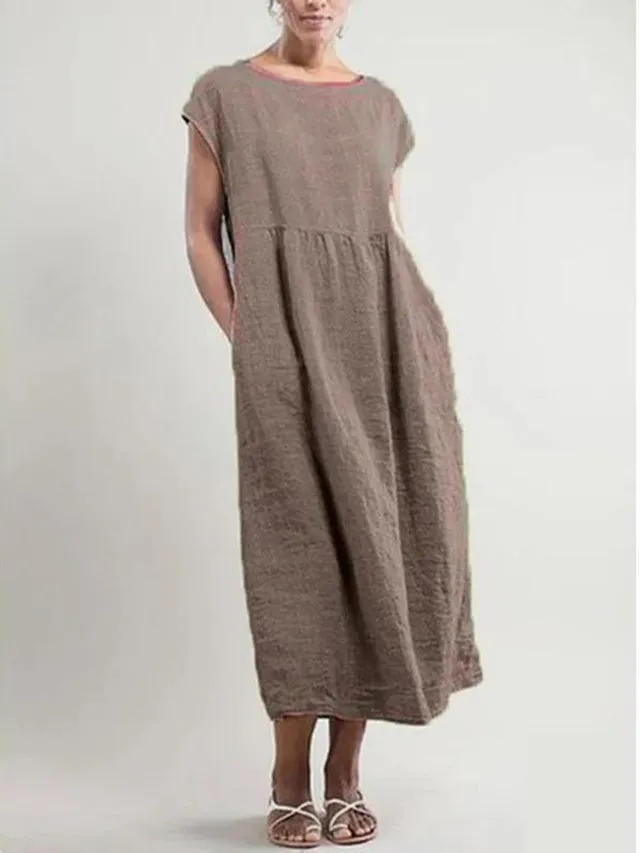 Dunnmall Women Crew Neck Shift Daily Cotton Pockets Dresses