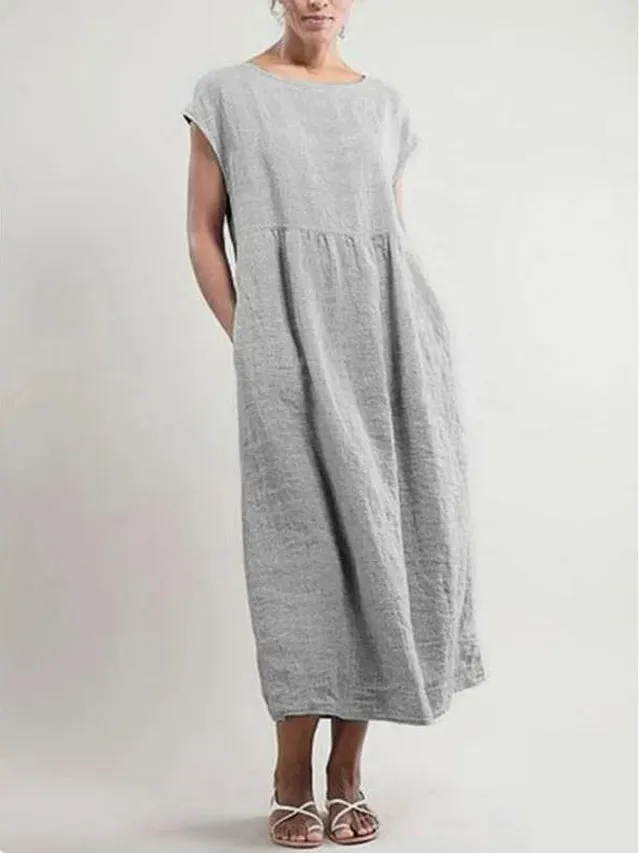 Dunnmall Women Crew Neck Shift Daily Cotton Pockets Dresses