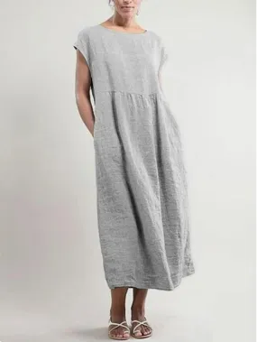 Dunnmall Women Crew Neck Shift Daily Cotton Pockets Dresses