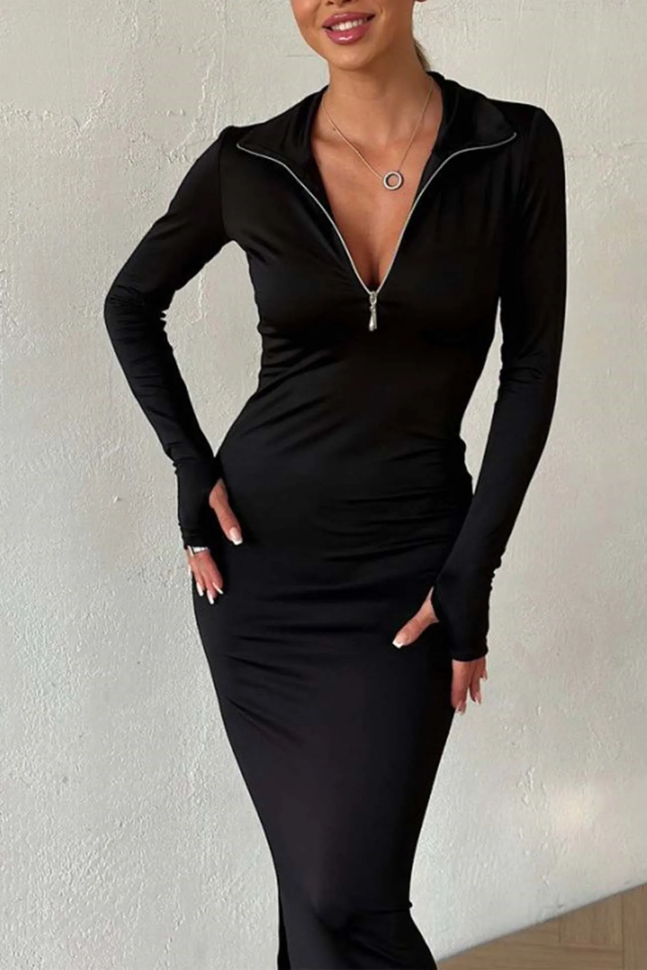 Half-Zip Slit Bodycon Dress