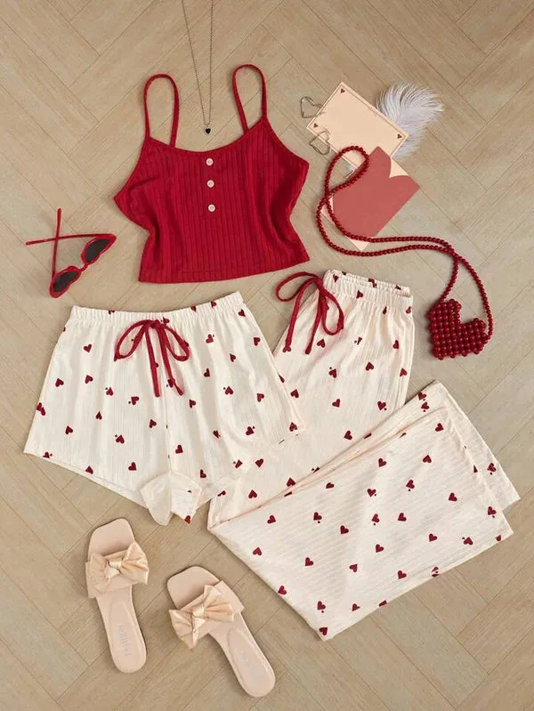Heart Print cute Pajama Set 3 Piece