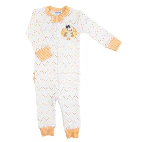 Magnolia Baby Girls Orange Little Gobbler Applique Turkey Zipped Pajamas with Ruffle