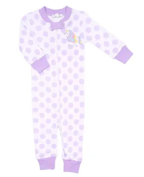 Magnolia Baby Girls Purple Dot Unicorn Applique Zipped Pajamas