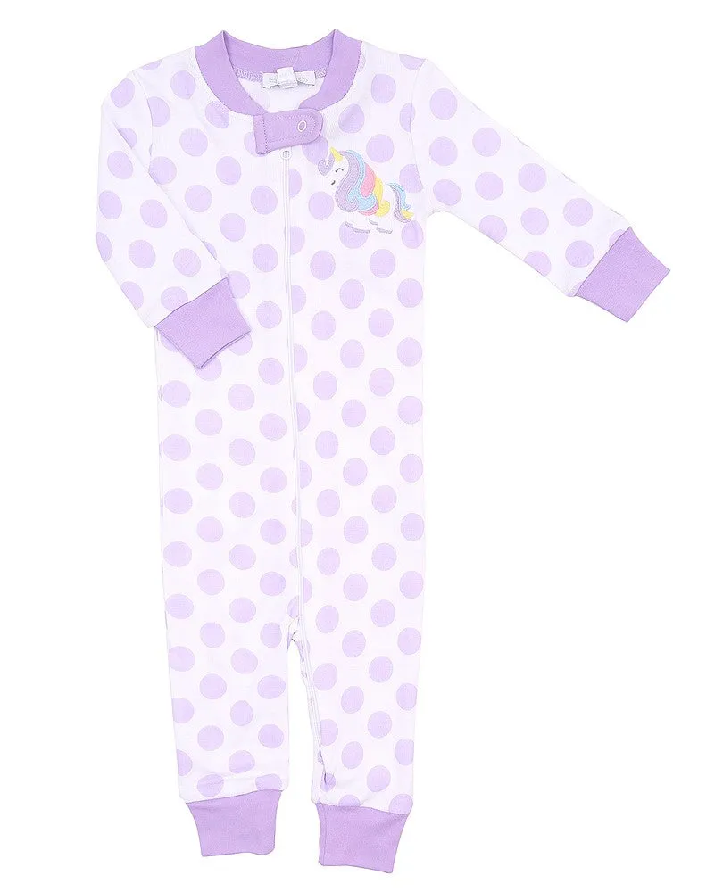 Magnolia Baby Girls Purple Dot Unicorn Applique Zipped Pajamas