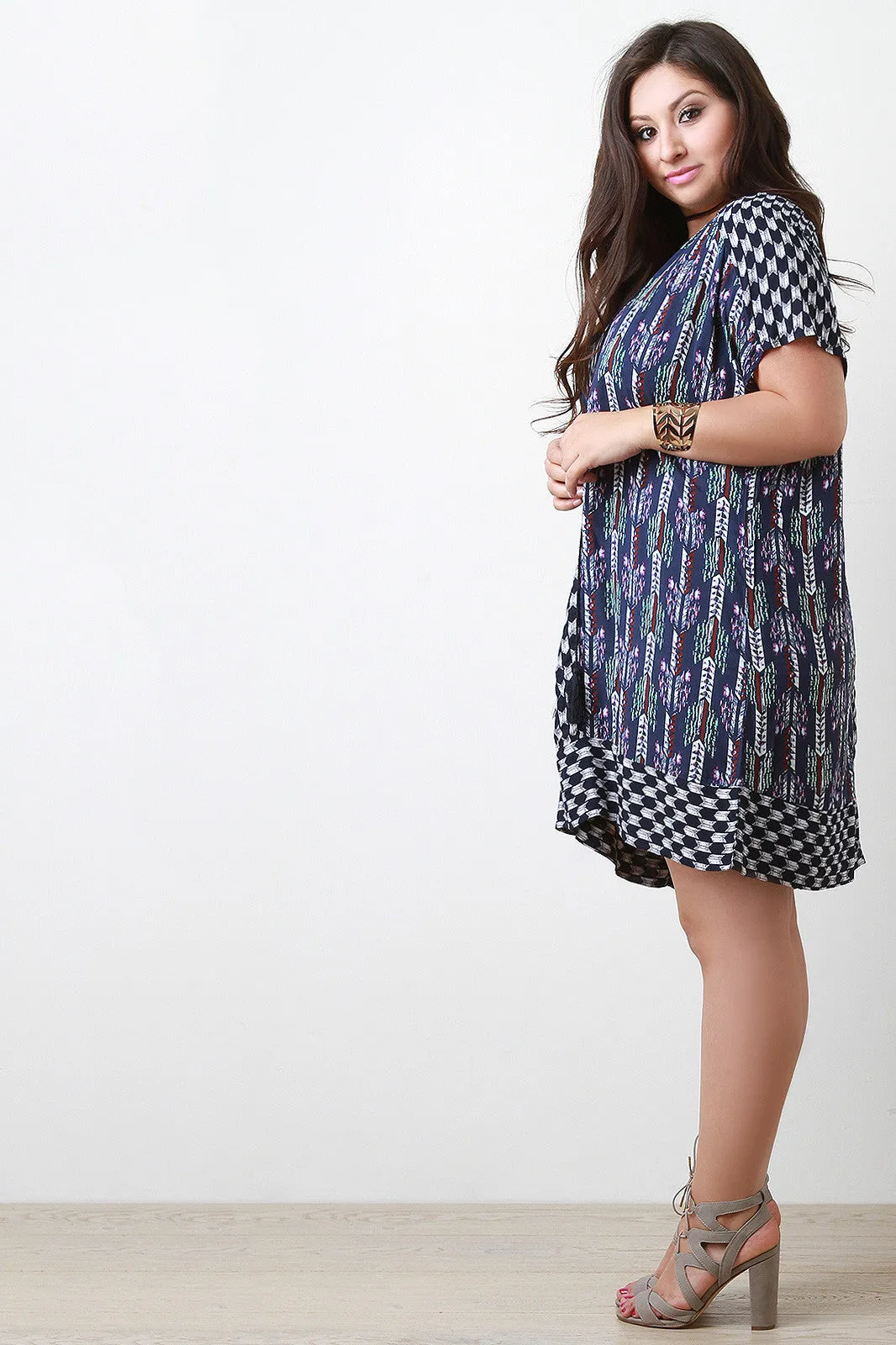 Mixed Pattern Tassel Drawstring Shift Dress
