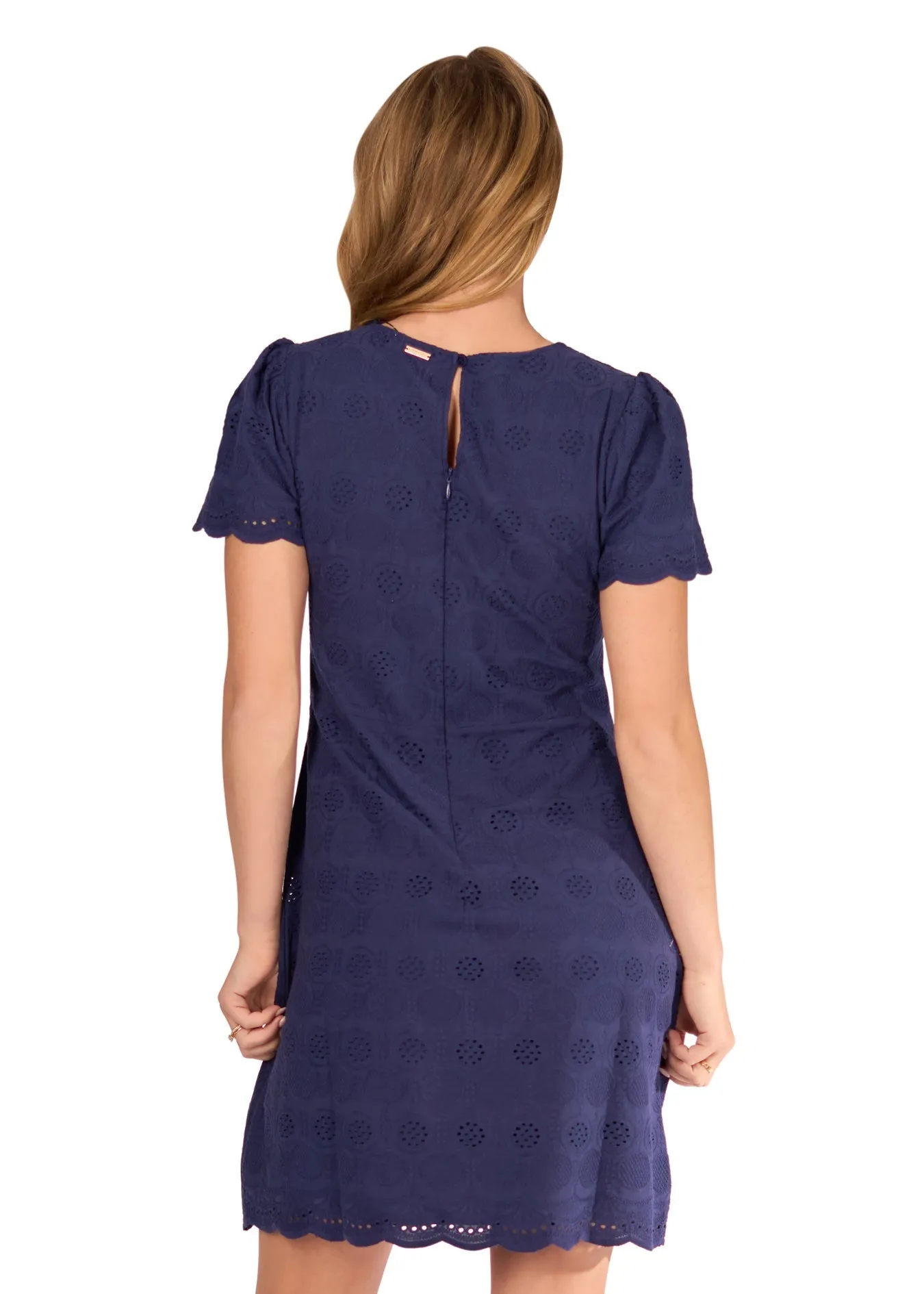 Navy Eyelet Short Sleeve Shift Dress