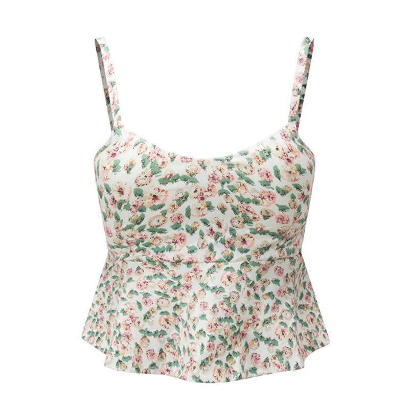 Sexy Bustier Crop Top Floral Print Strap Crop Top Ruffle Padded Bra