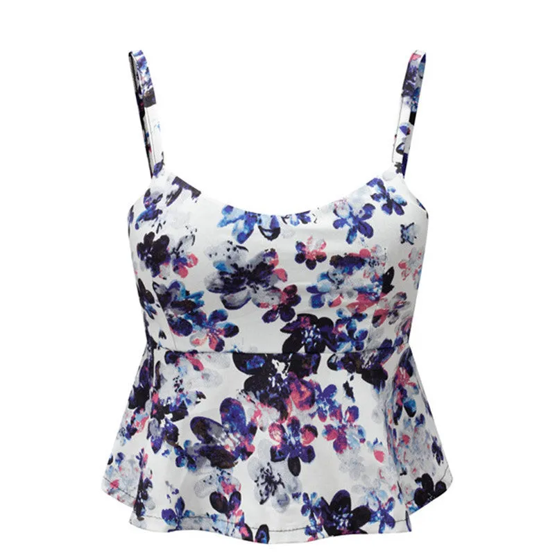 Sexy Bustier Crop Top Floral Print Strap Crop Top Ruffle Padded Bra