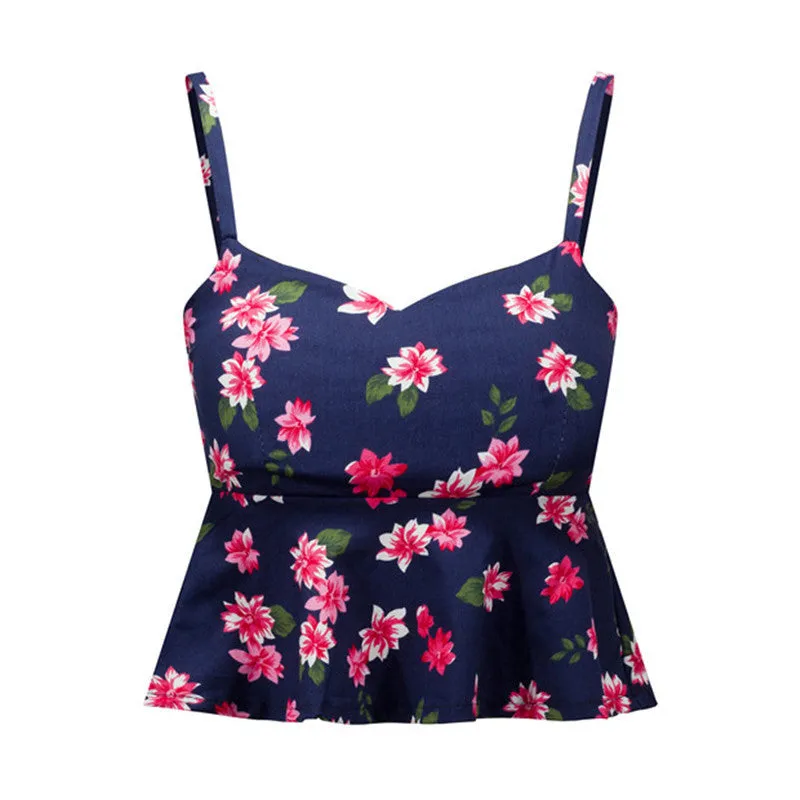 Sexy Bustier Crop Top Floral Print Strap Crop Top Ruffle Padded Bra