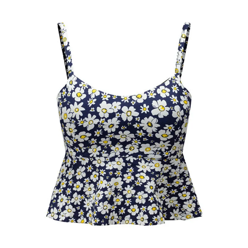 Sexy Bustier Crop Top Floral Print Strap Crop Top Ruffle Padded Bra