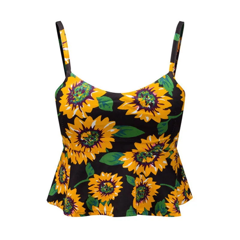 Sexy Bustier Crop Top Floral Print Strap Crop Top Ruffle Padded Bra