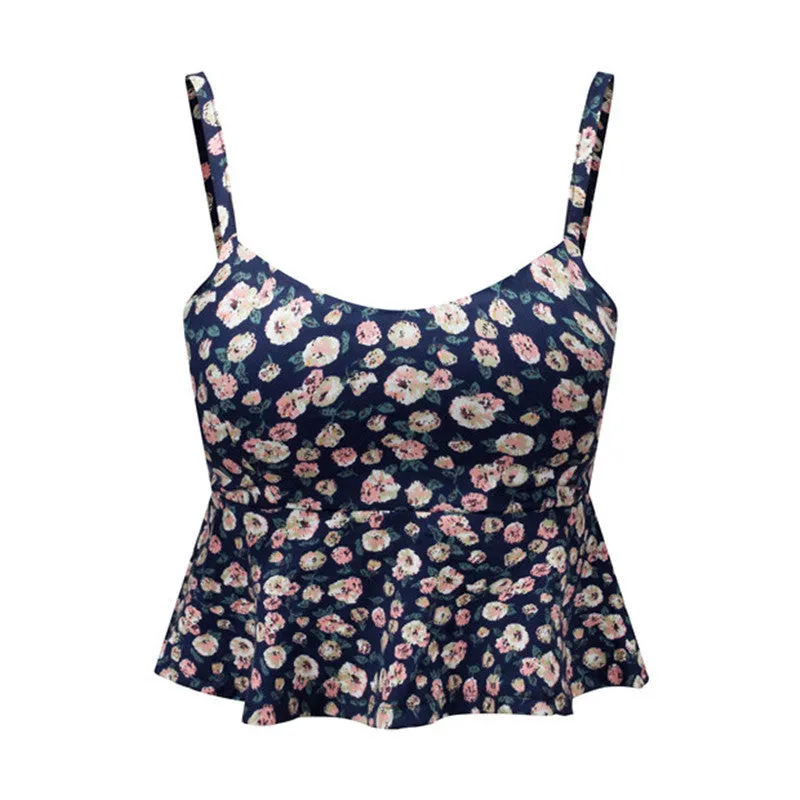 Sexy Bustier Crop Top Floral Print Strap Crop Top Ruffle Padded Bra