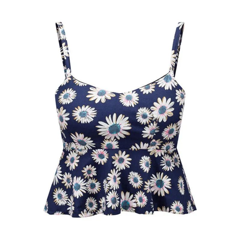 Sexy Bustier Crop Top Floral Print Strap Crop Top Ruffle Padded Bra