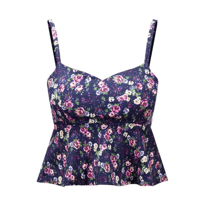 Sexy Bustier Crop Top Floral Print Strap Crop Top Ruffle Padded Bra