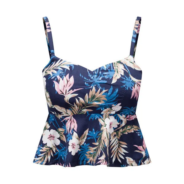 Sexy Bustier Crop Top Floral Print Strap Crop Top Ruffle Padded Bra