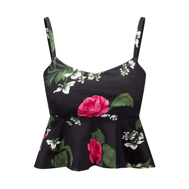Sexy Bustier Crop Top Floral Print Strap Crop Top Ruffle Padded Bra