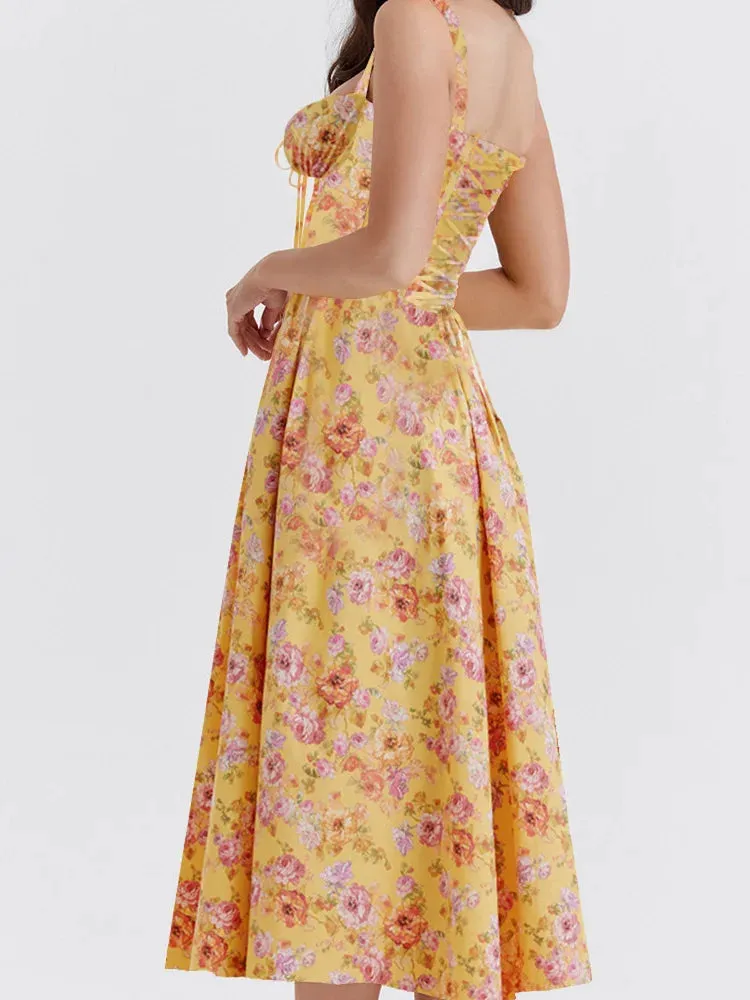 Sexy Ruched Sleeveless Strap Square Neck Lace-Up High Split Midi Dress