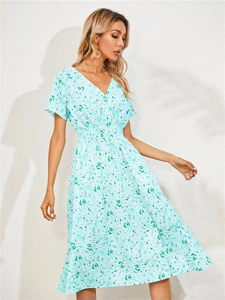 Summer Floral Navy Sleeveless Midi Dress