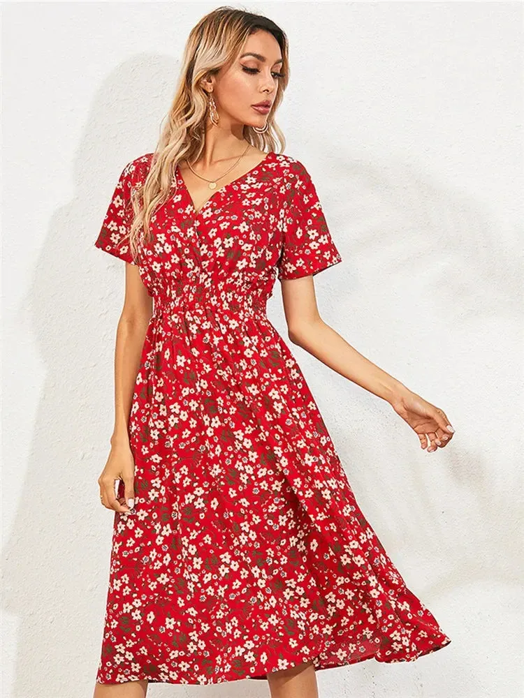 Summer Floral Navy Sleeveless Midi Dress