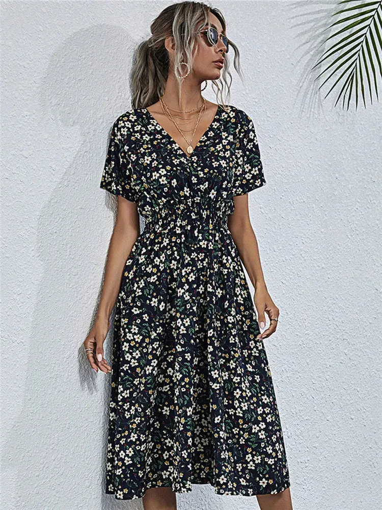 Summer Floral Navy Sleeveless Midi Dress