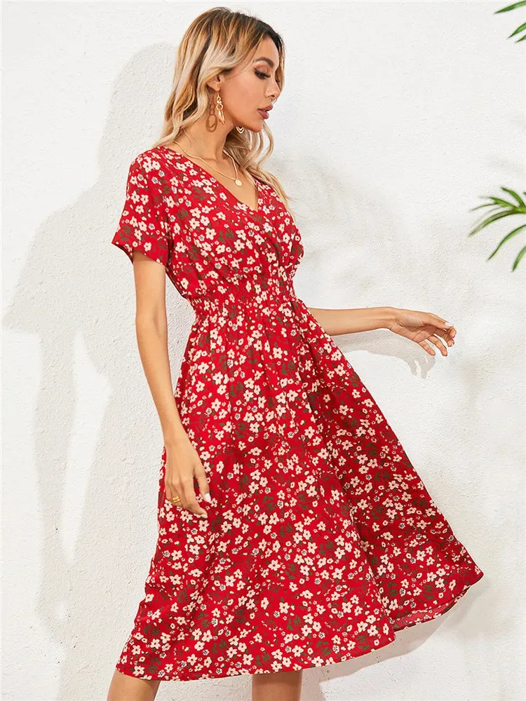 Summer Floral Navy Sleeveless Midi Dress