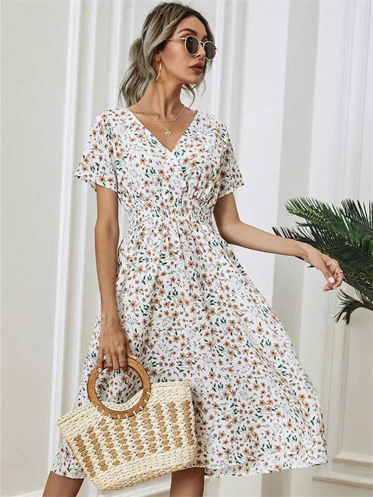 Summer Floral Navy Sleeveless Midi Dress