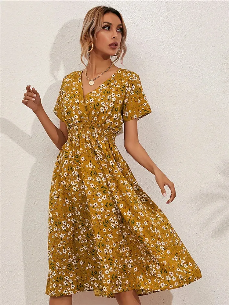 Summer Floral Navy Sleeveless Midi Dress