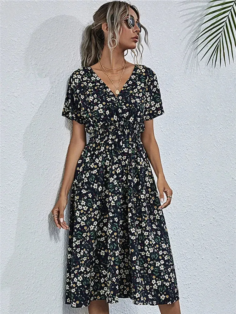 Summer Floral Navy Sleeveless Midi Dress